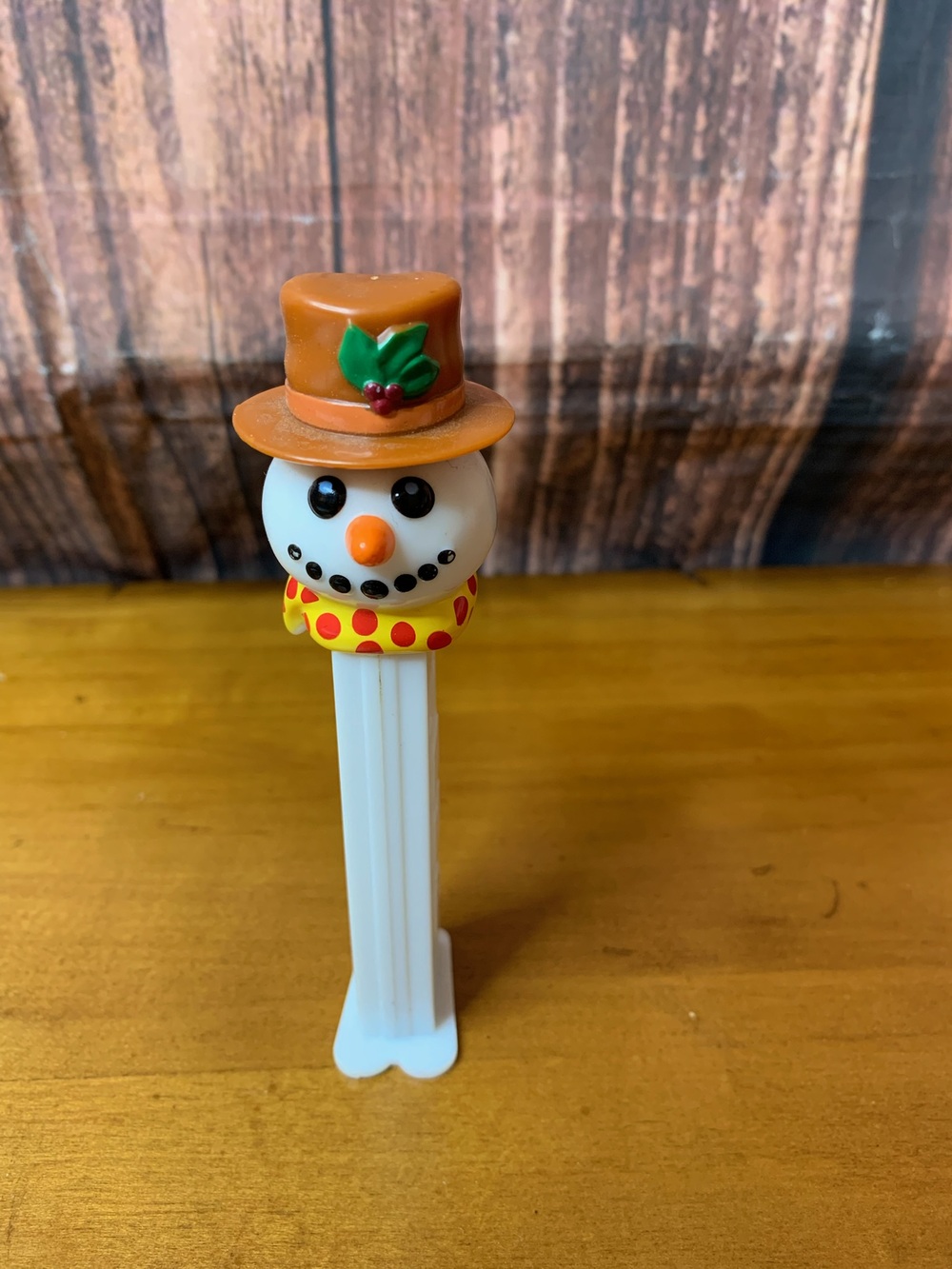 Vintage PEZ Snowman Brown Top Hat Yellow Red Polka Dot Scarf‎